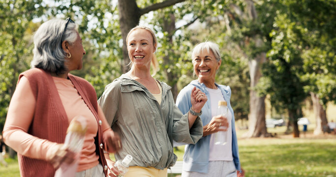 Personal trainer, walking or old women with fitness in park, retirement or training for health support. Coach, outdoor exercise or senior people with cardio for wellness, smile or workout together