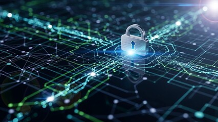 Secure digital padlock with glowing blue light on futuristic circuit board network on transparent background