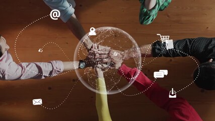 Hands surround a globe displaying digital icons that symbolize global communication and technology. This image represents teamwork and innovation in a connected world. Raster - Powered by Adobe