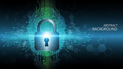 Glowing blue padlock with circuit board design on abstract background on transparent background