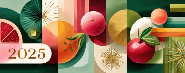 Abstract colorful fruit collage with geometric shapes and the number 2025 for vibrant colorful design