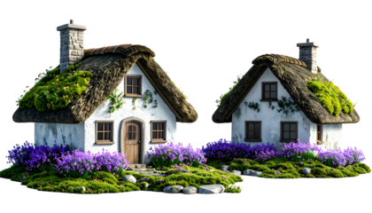 Two quaint cottages with thatched roofs, surrounded by vibrant flowers and lush greenery