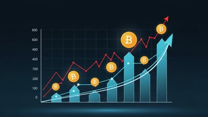 Cryptocurrency graph with bitcoin symbols showing upward trend on transparent background