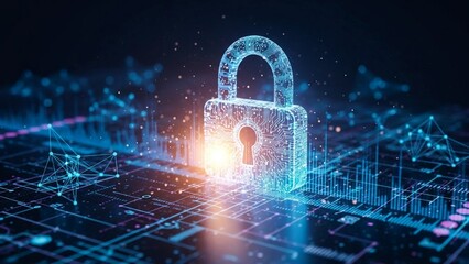 Glowing blue padlock with digital circuit background on transparent background