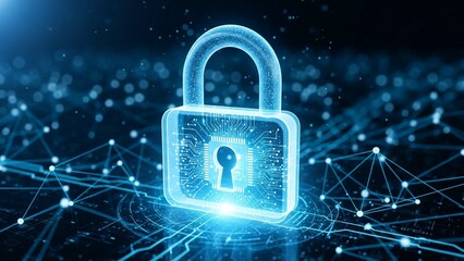 Glowing blue padlock with keyhole on a futuristic network background on transparent background