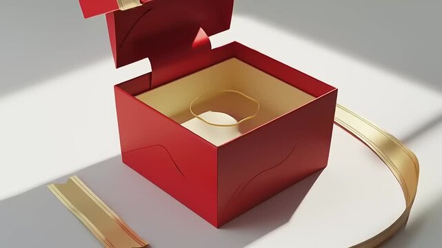 Red Gift Box with Gold Ribbon Unwrapping.