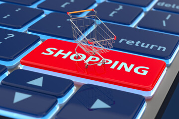 Shopping cart on notebook for business concept. Isolated 3D illustration