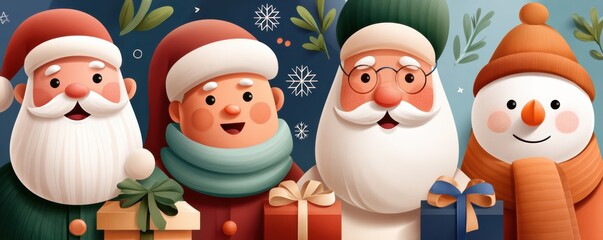 Obraz premium Joyful Santa and snowmen with gifts for a warm Christmas family holiday scene