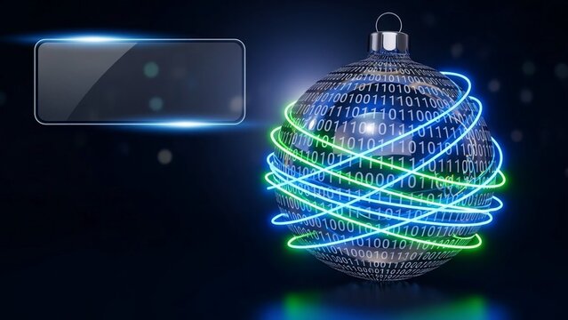 Futuristic christmas ornament with binary code and neon lights on transparent background - Powered by Adobe