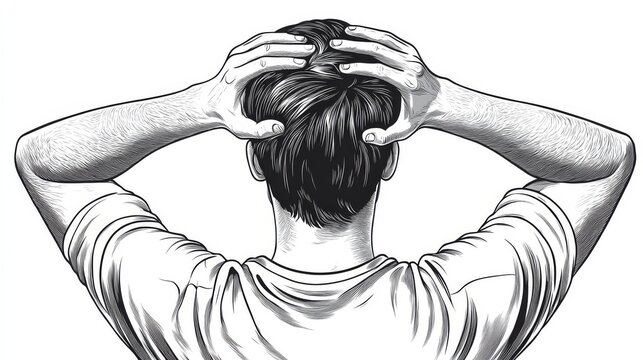 Line art illustration of a man holding his head in stress or pain. White, background, isolated. Ideal for medical blogs, mental health websites, and headache relief articles.