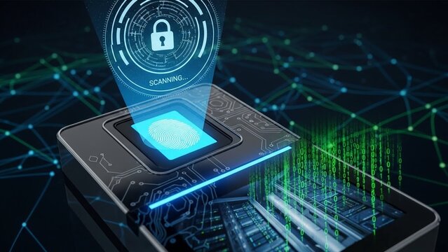 Secure data processing on transparent background with blue glowing padlock and microchip - Powered by Adobe
