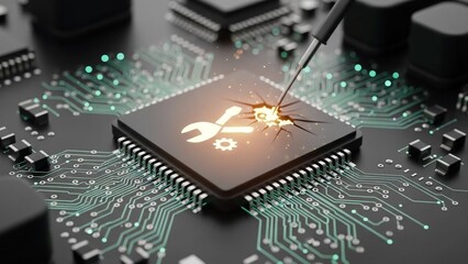Close up of a soldering iron repairing a microchip with a wrench and gear symbol on a circuit board on transparent background