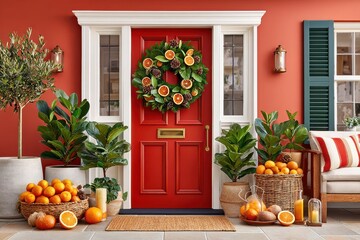 Naklejka premium Red front door with festive orange wreath, greenery, and cozy outdoor holiday decor