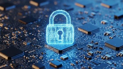 Glowing blue digital padlock on a circuit board with microchips on transparent background