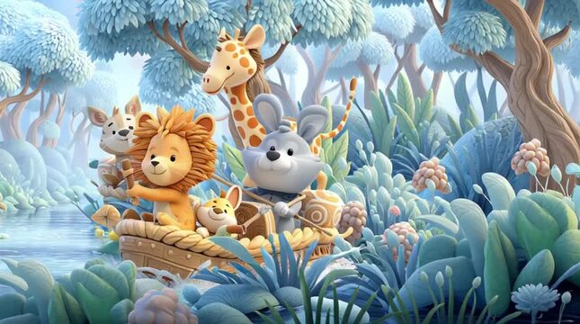 Playful animal character backgrounds for children branding Cute animals sailing in a lush, vibrant forest. Cute animal parade illustrations for kids and nursery decor