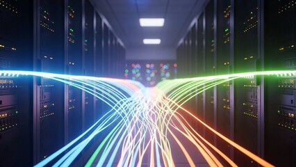 Vibrant data streams flow through server room with colorful lights on transparent background