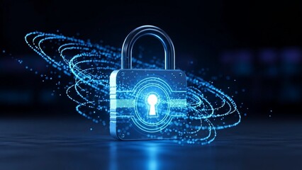 Glowing blue padlock with digital swirling circuits on transparent background symbolizing cybersecurity and data protection