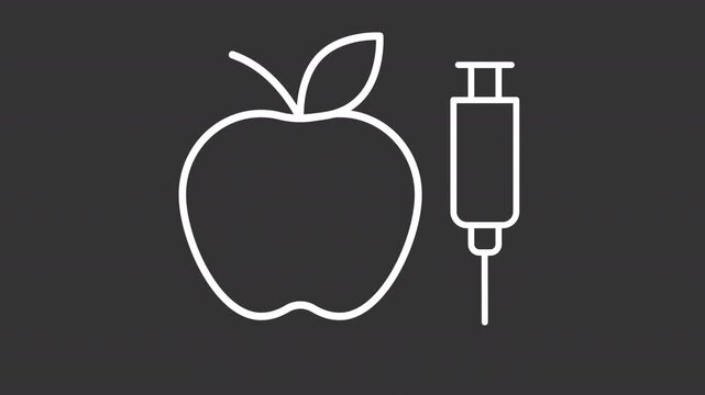 Animated apple with syringe white line icon. Genetically modified food animation. Organic chemistry. DNA modification. Lab experiment. Isolated element on dark background. Alpha transparent video