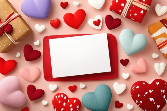 Valentine hearts surround a blank red card among gifts and festive decorations