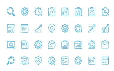 Fototapeta premium Comprehensive SEO and Digital Marketing icon set featuring light blue line illustrations of search analysis, data optimization, and growth gears.Print