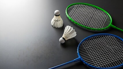 Two badminton rackets and shuttlecocks on a dark surface viewed from above