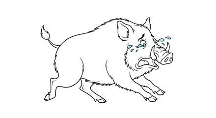 Obraz premium Wild boar cartoon character with tears flying from its eyes runs away in a panic with a worried expression in this line art drawing.