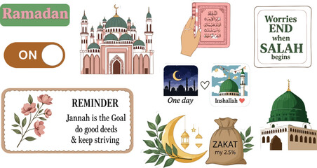 Ramadan sticker set featuring mosques reminders and zakat for islamic celebrations