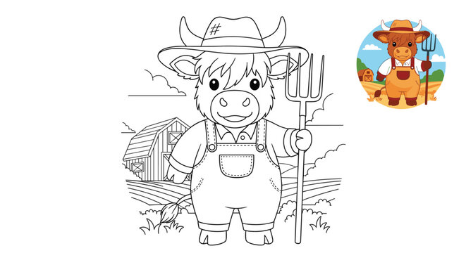 Cow wearing farmer overalls and a hat holds a pitchfork in front of a barn and fields in this line art drawing with a color guide image.