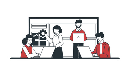 Diverse team collaborating in modern office setting with laptops