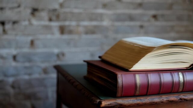  Open Book on Stack of Vintage Books Against Brick Wall