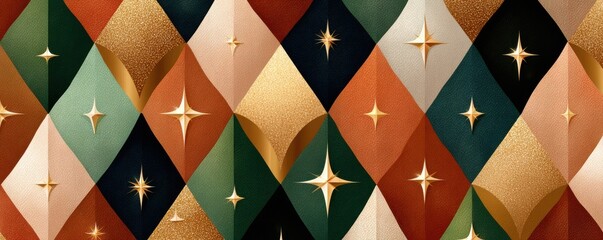 Abstract diamond pattern with stars in dark green and brown tones for stylish decor and design projects