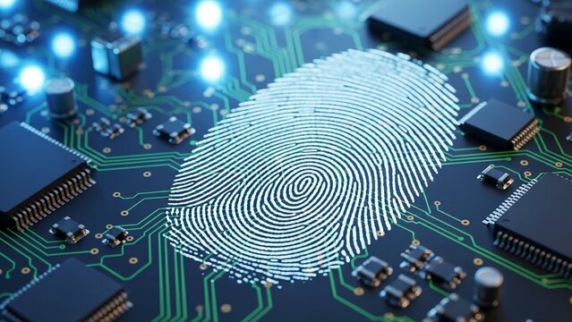 Fingerprint on electronic circuit board with glowing blue lights on transparent background - Powered by Adobe
