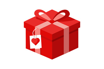 Minimal red gift box with small heart tag isolated on white background, present, romantic, love concept, celebration, Valentine, holiday, simple, decorative, festive, isolated object