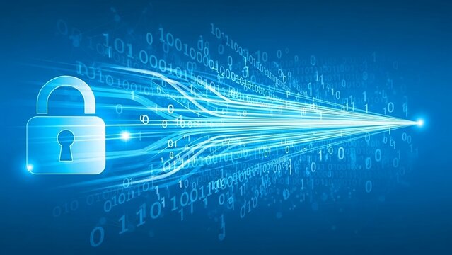 Secure data transmission with padlock and binary code on transparent background - Powered by Adobe