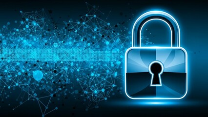 Glowing blue padlock with keyhole on transparent background symbolizing cybersecurity and data protection