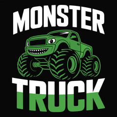 Monster Truck with Green Vehicle and Bold Text black background