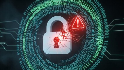 Broken padlock with cracked red warning sign on binary code circle on transparent background