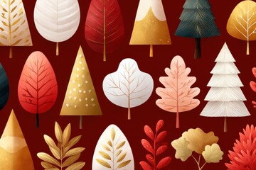 Stylish Christmas pattern with white and gold trees on a burgundy background for festive design