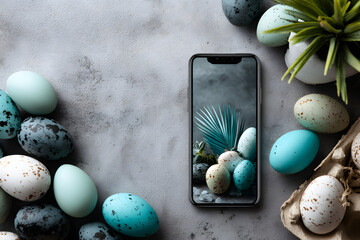 Smartphone mit bunten Ostereiern in moderner Flatlay Komposition
