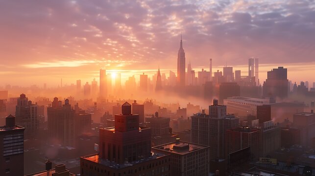 Aerial view captures the breathtaking orange sunrise casting a warm glow over the dense urban sprawl of a towering metropolitan cityscape shrouded in early morning mist.