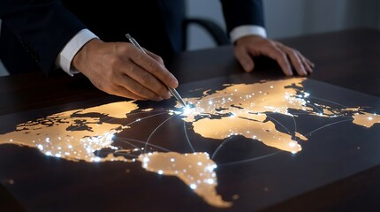 A person s hand pointing to a location on a glowing world map high quality professional detailed modern elegant stylish clean