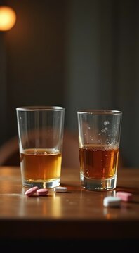 Glasses of alcohol and pills on a table