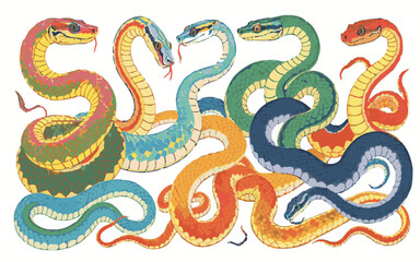 Obraz premium Vibrant Collection of Colorful Snakes Illustration, Diverse Reptile Species in Artistic Style.Print