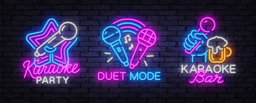 Vibrant neon illustrations featuring karaoke bar, party fun, and duet mode with bold colors and musical energy.
