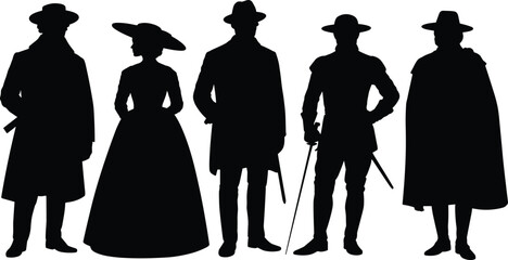 Five Historical Figures in Silhouette with Hats and Swords
