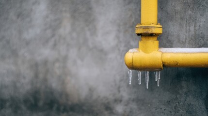 Yellow industrial pipe with icicles hanging from the end, showcasing winter conditions and the effects of cold weather on infrastructure