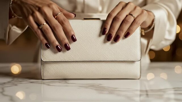 Elegant Woman Showcasing Cream Clutch on Marble Tabletop in Cream White Silk Blouse and Manicured Hands with Gold Rings