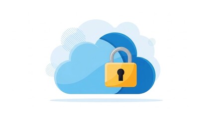 Cloud storage security concept with locked padlock on blue cloud on transparent background