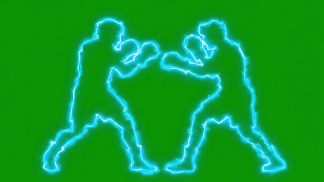 Blue neon light of two wrestlers in a grappling stance on a green background
