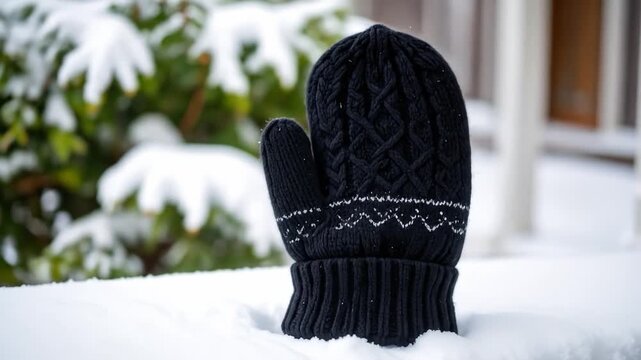 Black knitted mitten in snow with blurred background and copy space